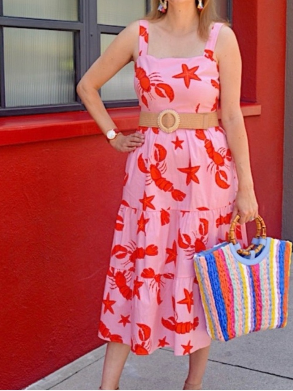 J Crew cotton tiered pink and red lobster midi dress size 4 - Picture 2 of 11
